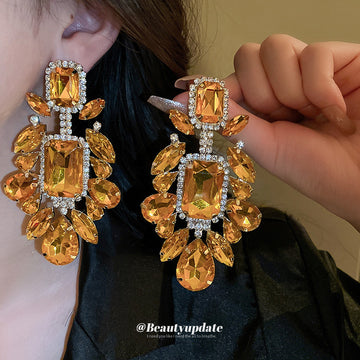 Champagne Crystal Geometric Cluster Statement Drop Earrings