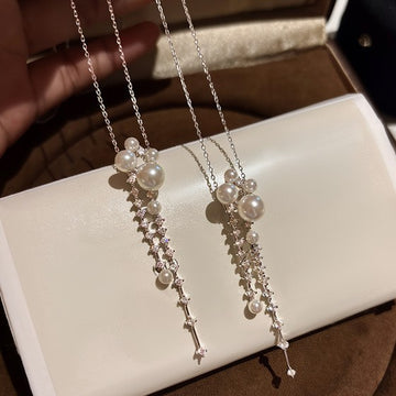Faux Pearl and Crystal Linear Pendant Necklace with Crystal Accents