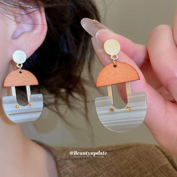 Orange Gray Geometric Drop Earrings with Distinctive Textured Details