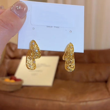 Gold Crystal Open Teardrop Stud Earrings with Textured Frames