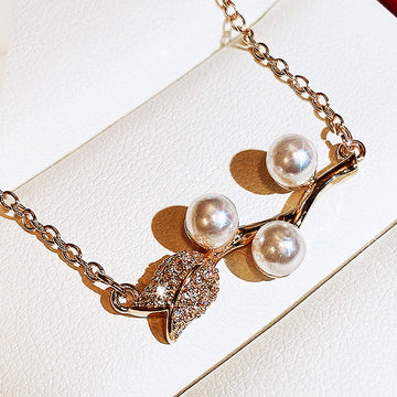 Rose Gold Tone Leaf and Faux Pearl Branch Pendant Necklace
