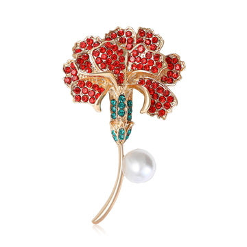 Carnation Stem Brooch In Red Or Pink With Polished Metal Detail