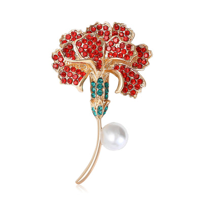 Front view of the carnation stem brooch in red or pink with polished metal detail on a white background