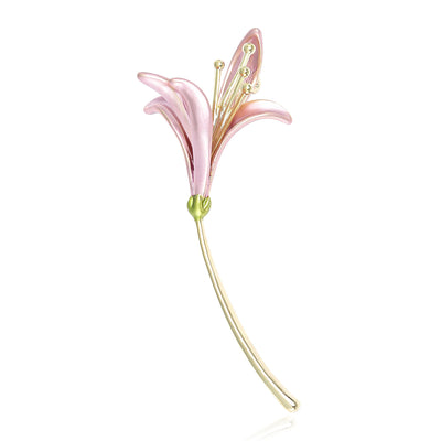 Pink enamel lily brooch front on white