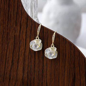 Gold Tone Camellia Flower Drop Earrings Mother Of Pearl