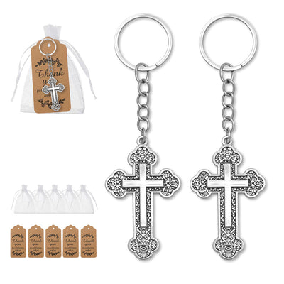 Silver ornate hollow cross keychains with organza bags and kraft tags