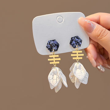 Navy Geometric White Petal Gold Tone Dangle Stud Earrings