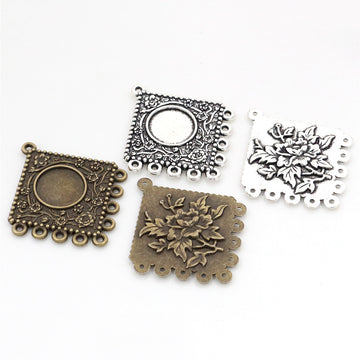 Square Floral Round Cabochon Pendant Bases in Two Finishes
