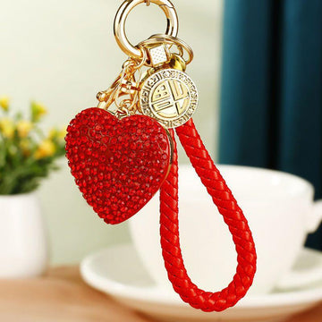 Jeweled Crystal Heart and Pearl Heart Pouch Fortune Keychains