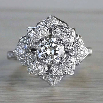 Round Clear Solitaire Sculpted Rose Flower Ring In Silver Tone