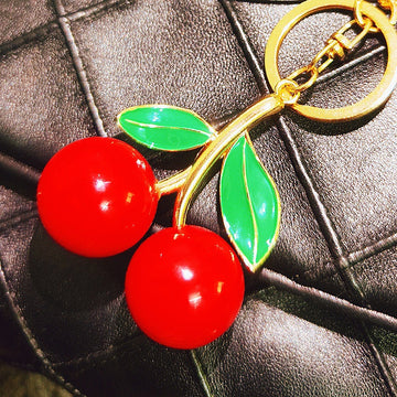 Double Sided Red Cherry Keychain with Green Enamel Leaves and Gold Tone Ring