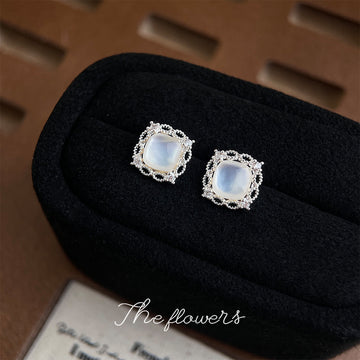 Silver Lace Frame Square Mother of Pearl Stud Earrings