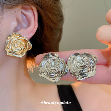 Sculpted Metal Rose Stud Earrings in Gold and Silver Tones