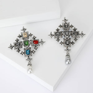 Baroque Cross Crystal Brooch With Pearl Drop in Six Colors