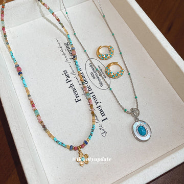 Gold Turquoise Hoops Flower Bead Necklace Silver Oval Pendant