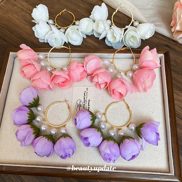 Fabric Flower Hoop Earrings in Four Soft Colorways