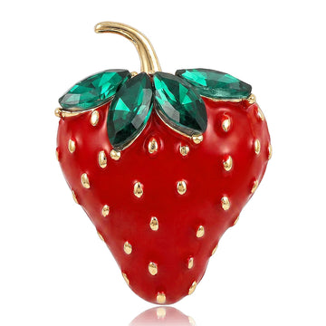 Red Enamel Strawberry Brooch With Green Crystal Leaves