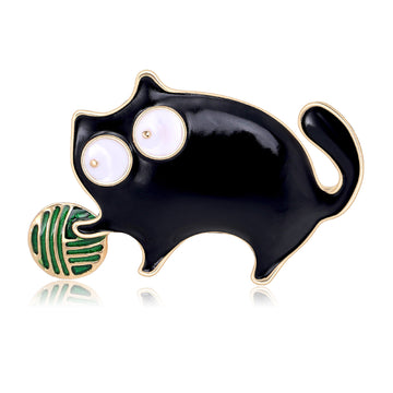 Enamel Cat With Yarn Brooch With Polished Metal And Sculpted Decorative Details