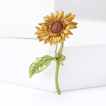 Yellow Enamel Sunflower Brooch Green Leaf Stem Alloy Pin