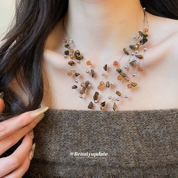 Multi Strand Brown Stone Crystal Silver Bead Necklace Set