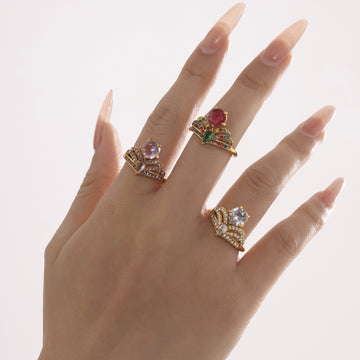 Crown Side-Open Zircon Statement Rings Gold Steel Multicolor