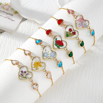 Gold Tone Pressed Flower Crystal Heart Slider Bracelets in Six Designs