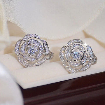 Sculpted Rose Clear Stone Stud Earrings In Gold And Silver Tones