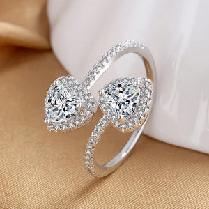 Open Wrap Ring with Two Heart Cut Cubic Zirconia in Silver Tone Brass