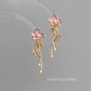 Pink Enamel Flower and Pearl Branch Drop Earrings, Gold-Tone Brass