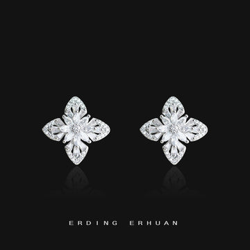 Silver-Tone Pave Crystal Four-Leaf Clover Stud Earrings