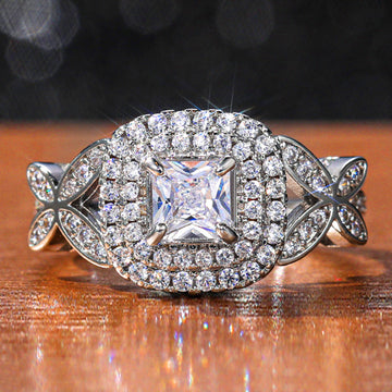 Silver Tone Square Clear Stone Leaf Accent Ring Jewelry