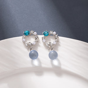 Silver-Tone Aqua Circle Stud Earrings with a Gray-Blue Bead Drop
