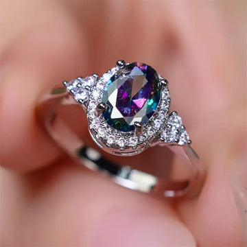 Silver-Tone Oval Rainbow Multicolor Halo Finger Ring Sizes 6-10