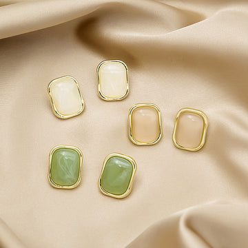 White and Pink Rounded Rectangle Gold Rim Stud Earrings