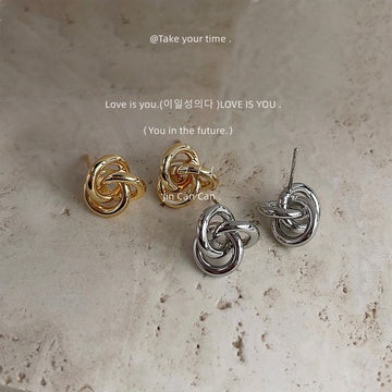 Triple Loop Knot Stud Earrings In Polished Silver And Gold Tone