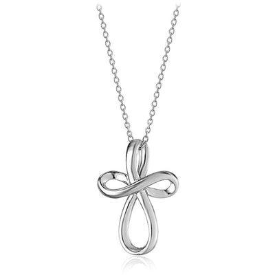 Silver twisted infinity Mobius pendant necklace on white background