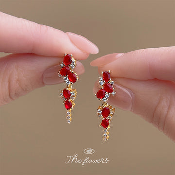 Gold Tone Red Oval Zircon Cascade Drop Earrings Pair