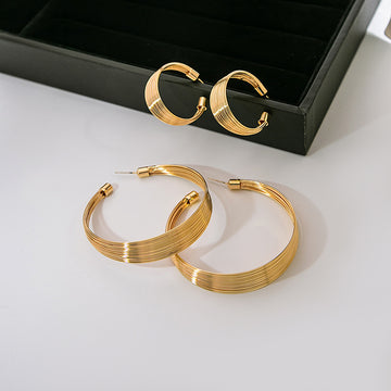Gold Tone Multiline Wide Statement C Hoop Stud Earrings