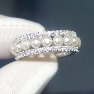 Pearl Double Crystal Band Ring Silver Gold Multi Sizes