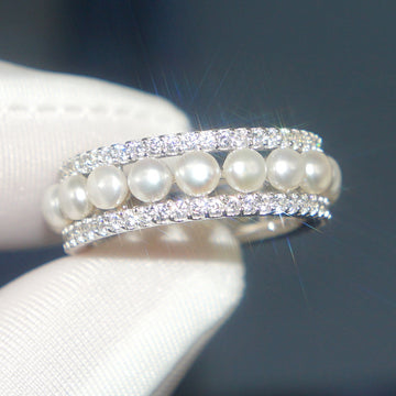 Pearl Double Crystal Band Ring Silver Gold Multi Sizes