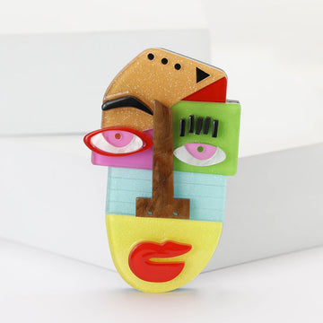 Colorful Acrylic Abstract Face Brooch Geometric Cubist Pin