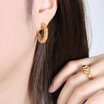 Twisted Ribbed Crystal Stud Hoop Earrings Gold And Steel Tones