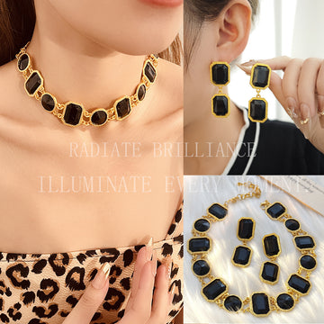 Black Geometric Necklace Bracelet and Earring Jewelry Set