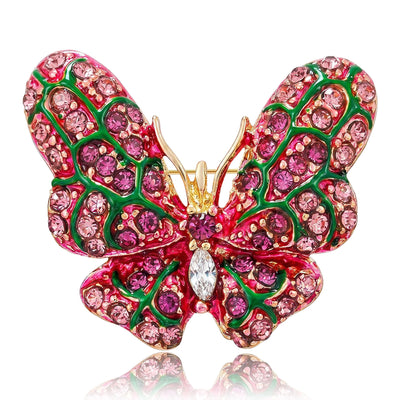 Product display showing a gold-tone butterfly covered in colored round and marquise crystals
