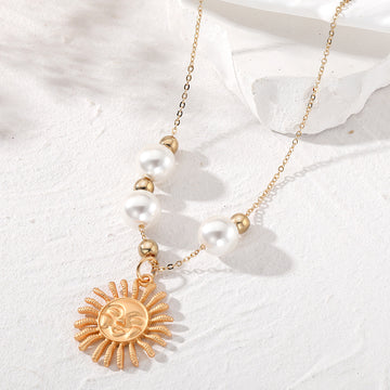 Gold Tone Smiling Sun Keychain Earrings and Pearl Necklace