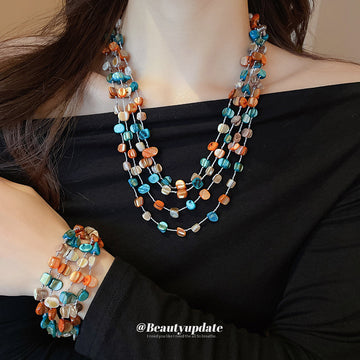 Blue Orange Brown Irregular Shell Style Multirow Necklace and Bracelet Set