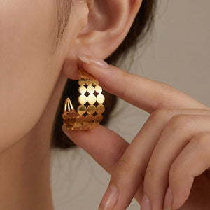 Linked Disc C Hoop Earrings in Polished Gold and Silver Tone