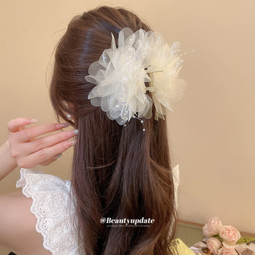 Ivory Mesh Flower Hair Claw Clip Pearl Bead Accents