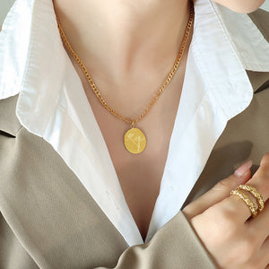 Gold Oval Disc Engraved Flower Pendant Curb Chain Necklace