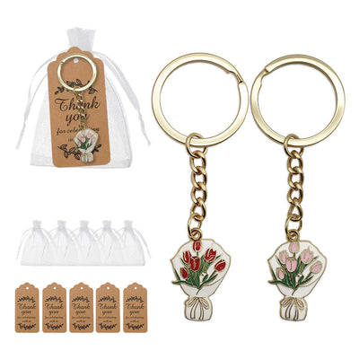 Red and pink tulip bouquet key rings with bags tags